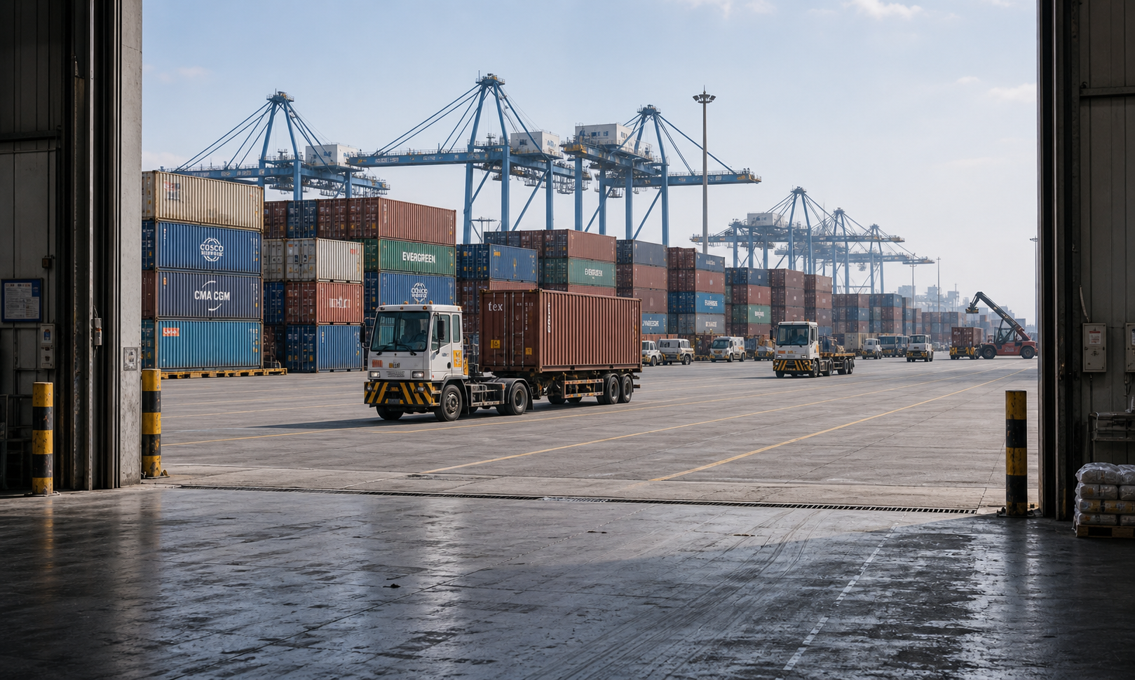 Chinese container terminal with port cranes, proportional terminal tractors, weathered containers and worn warehouse floor