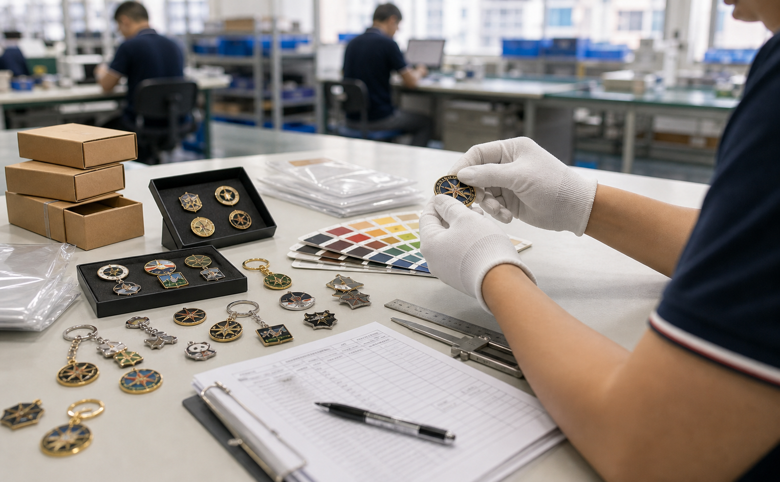 Gloved hands checking custom enamel pins, medals, keychains, color swatches and QC checklist
