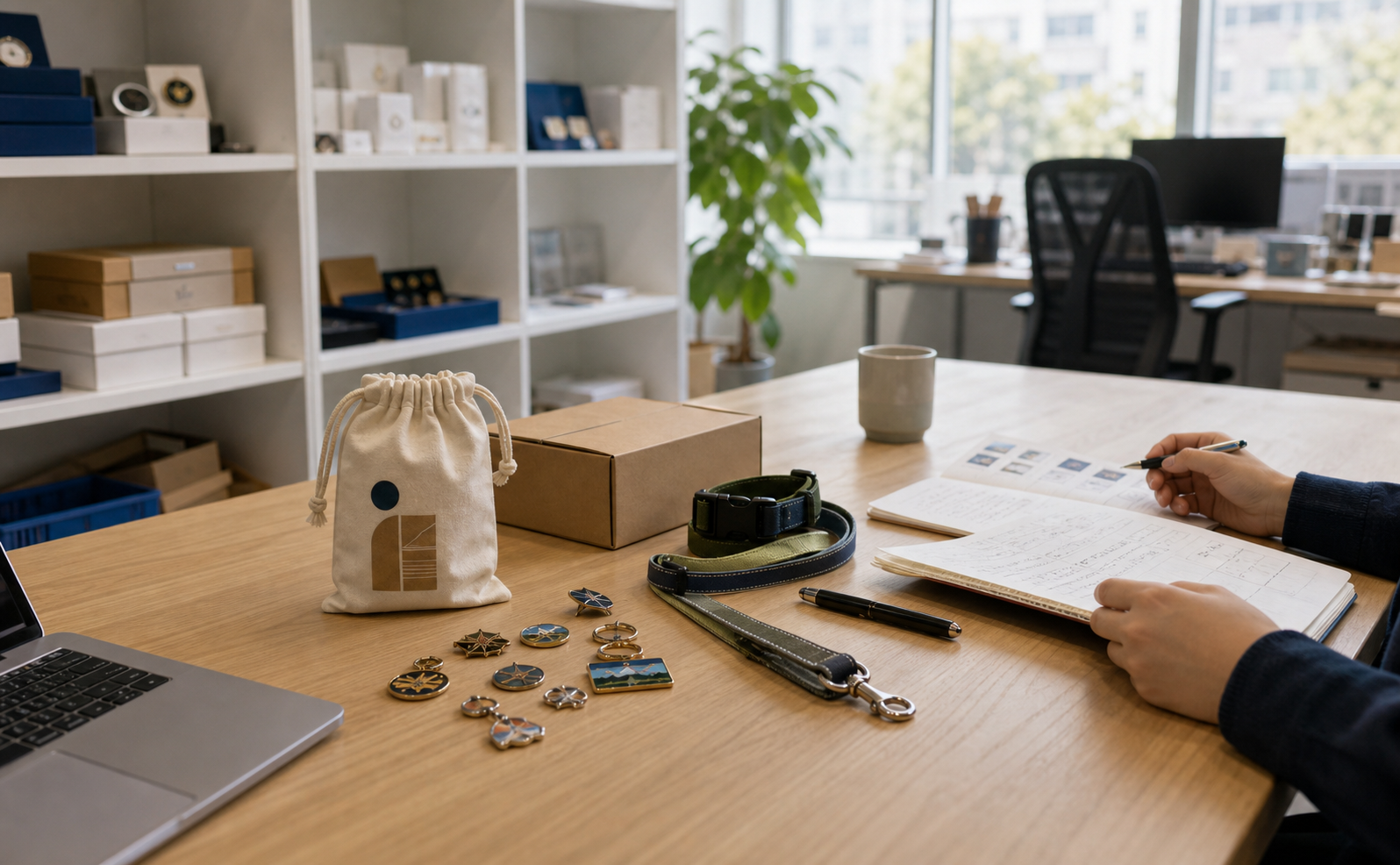 Natural sample room desk with custom merchandise samples, pet product sample, packaging box and work notes