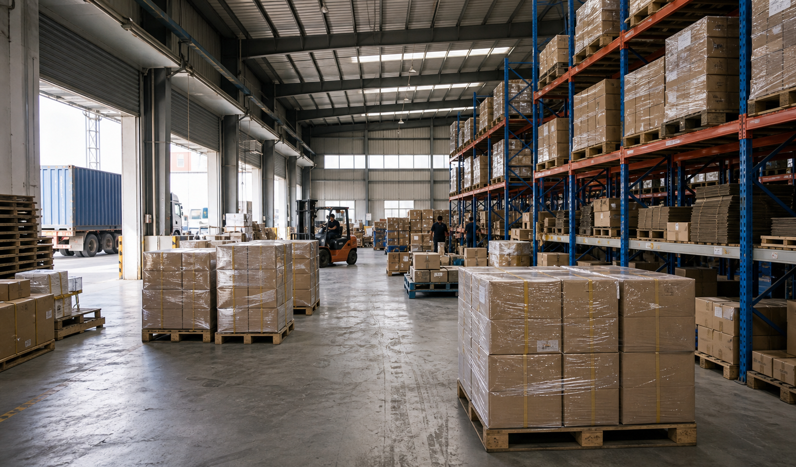 Realistic export warehouse with pallet racks, wrapped cartons, loading bay and worn concrete floor