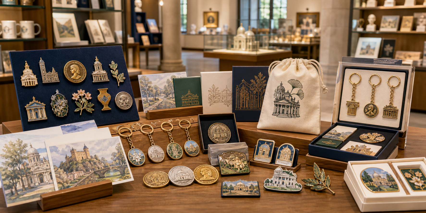 Museum and attraction gift shop merchandise with pins, magnets, coins and souvenir packaging