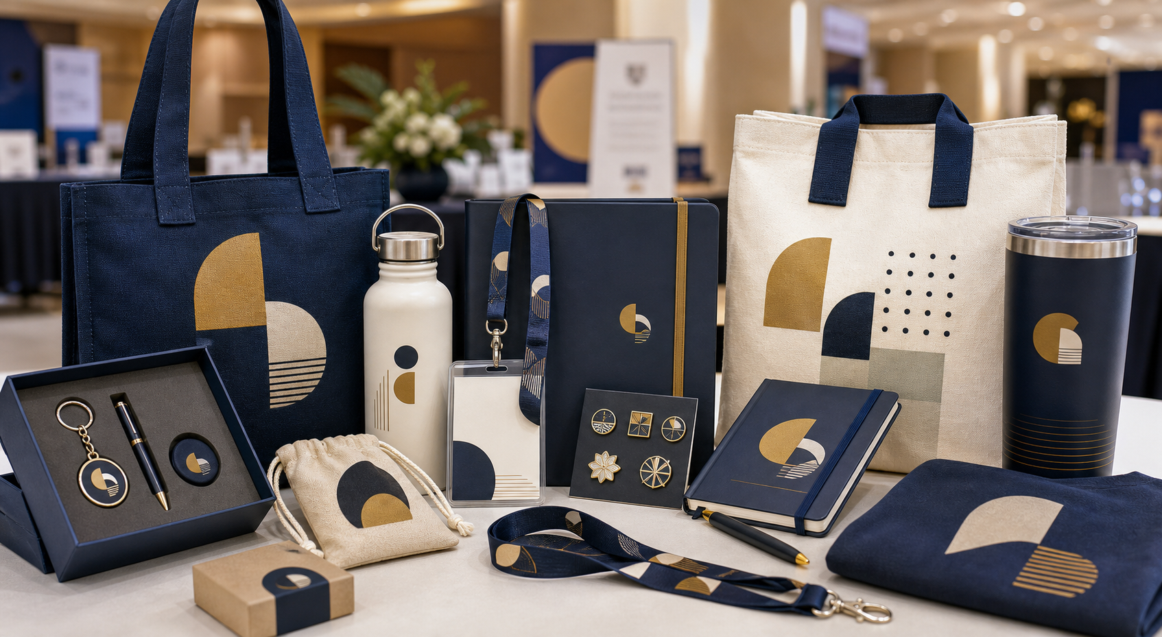 Conference and association merchandise with badges, lanyards, tote bags, drinkware and welcome packs