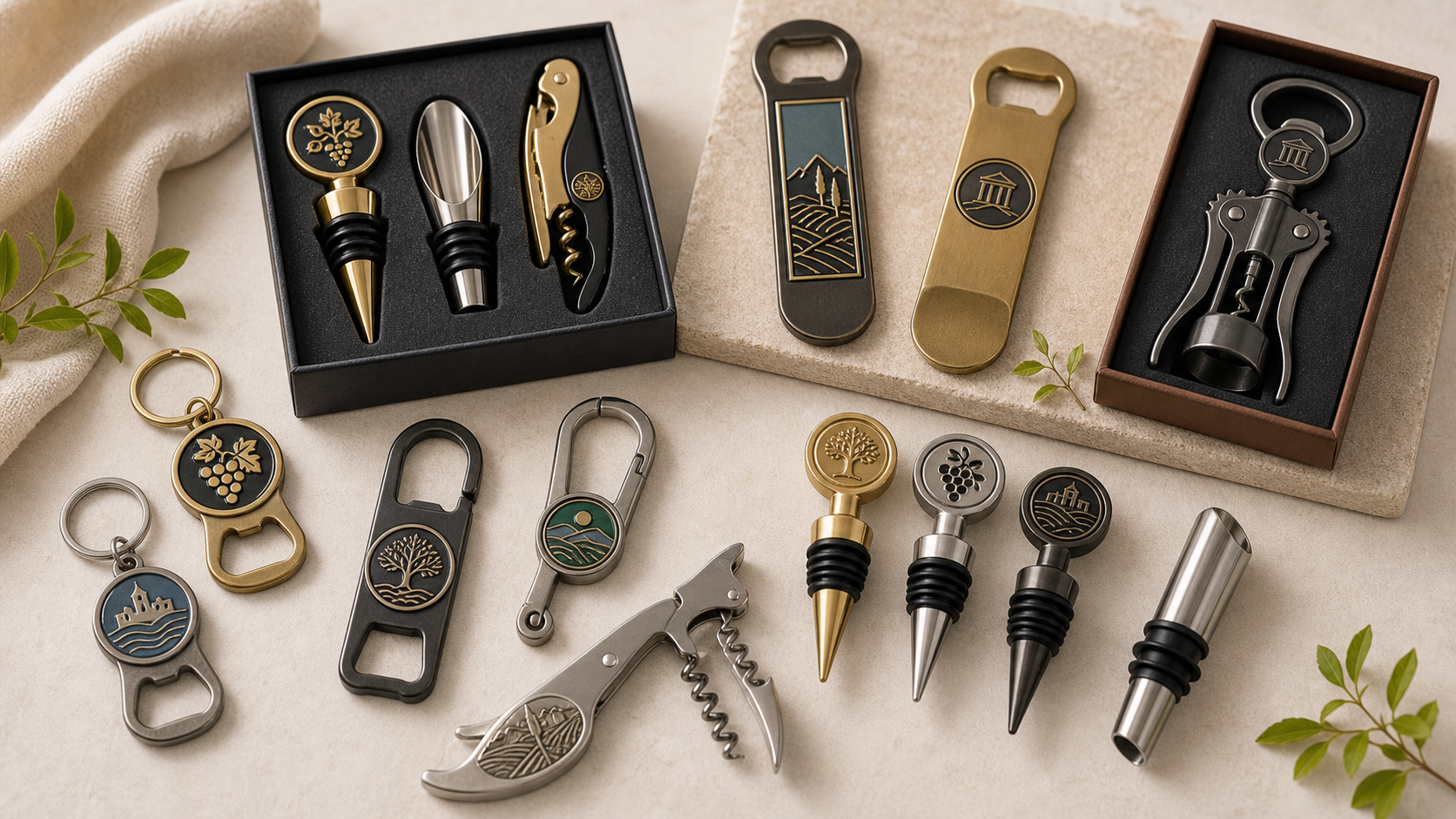 Custom bottle openers and wine stoppers