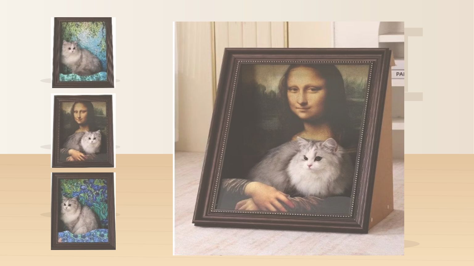 4D famous painting cat cave product based on reference image, placed on a clean desktop with Mona Lisa style front panel and triangular side body