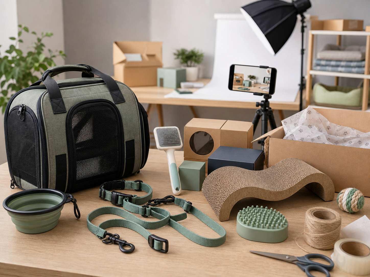 Online seller pet product content and packing setup with carrier, grooming brush, cat scratcher, packaging and photo backdrop
