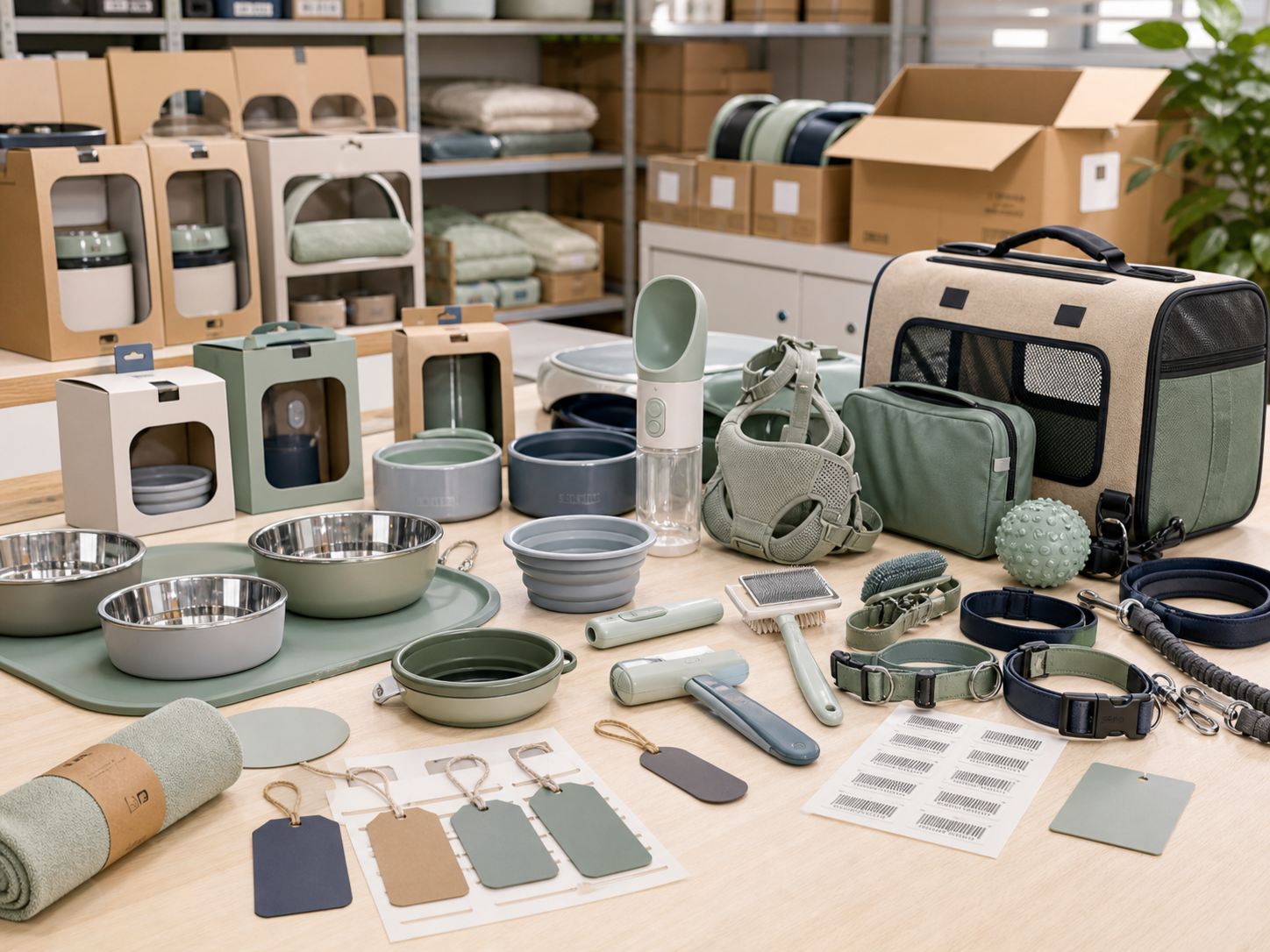 Retail and wholesale pet product assortment with bowls, grooming tools, walking gear, packaging and cartons