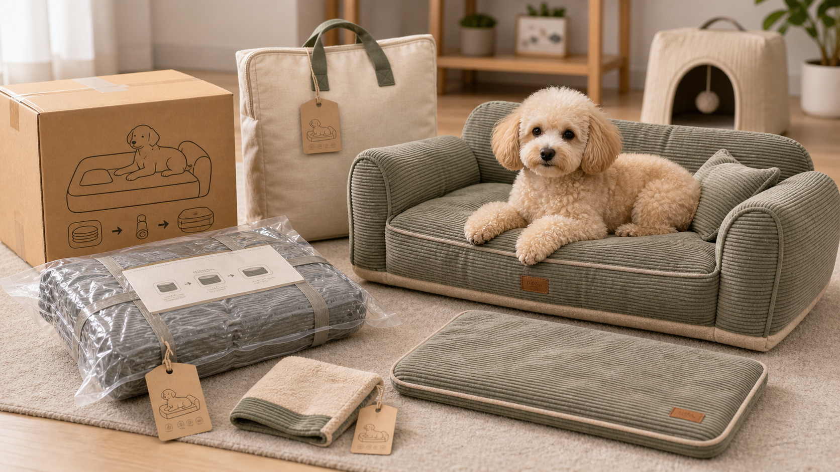 Compressed pet sofa packaging beside expanded pet sofa, pet bed, cushion, carton and hang tags