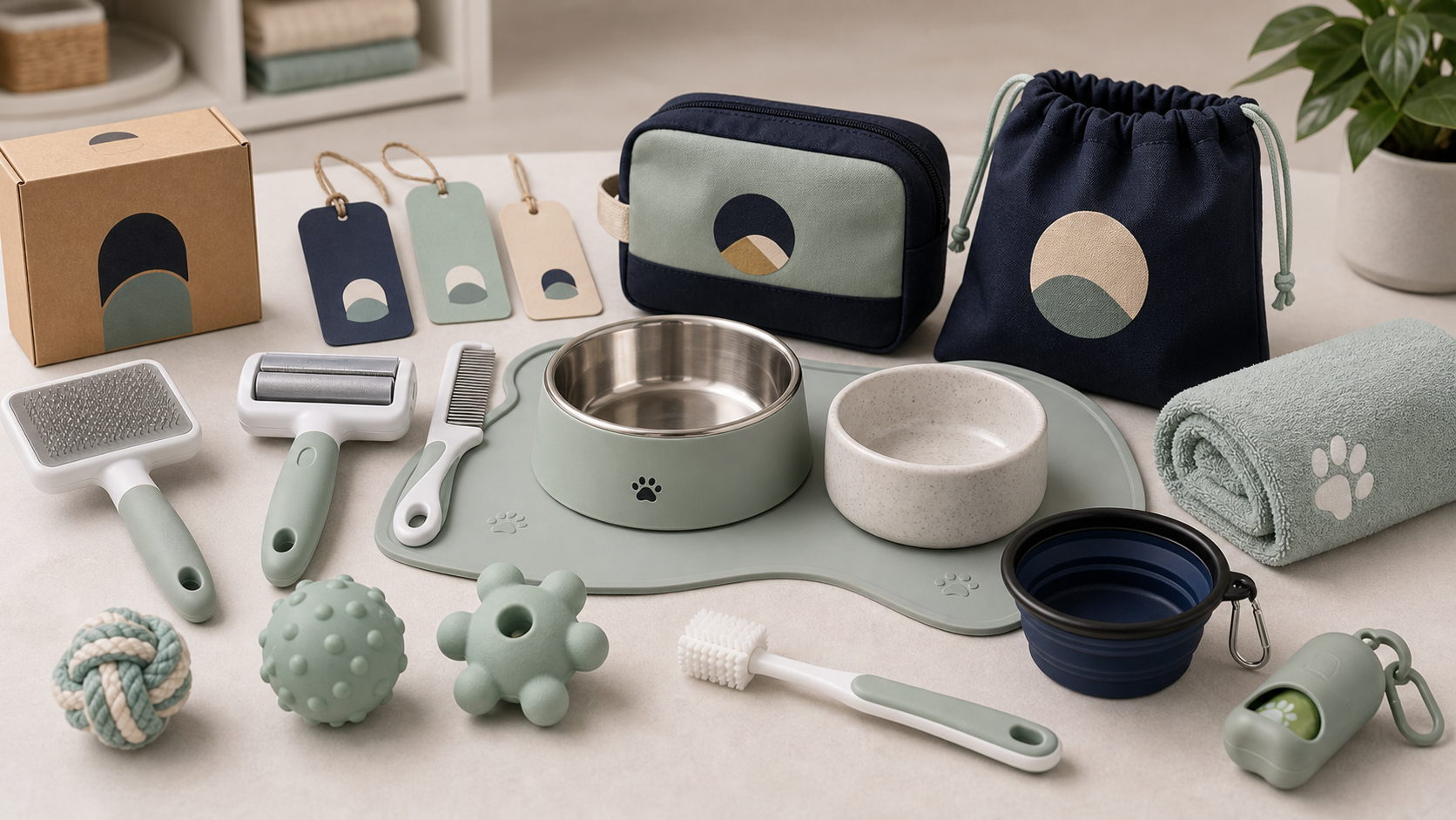 Pet bowls, silicone mat, grooming brushes, towel, simple toys, cleaning brush and storage pouch