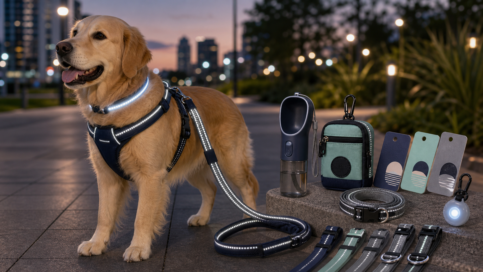 Dog wearing harness, reflective leash, LED collar, portable water bottle and outdoor walking accessories at dusk