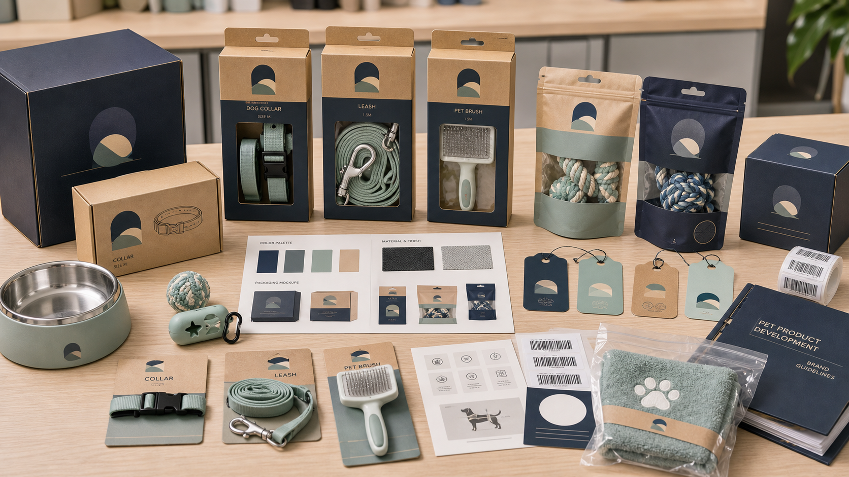 Private-label pet product packaging with color boxes, hang tags, barcode labels, instruction cards, color swatches and product samples
