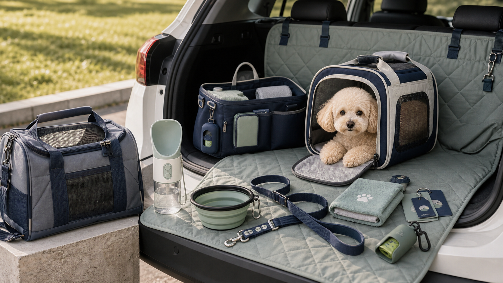 Pet carrier, portable water bottle, collapsible bowl, car mat, storage pouch and travel accessories in car trunk