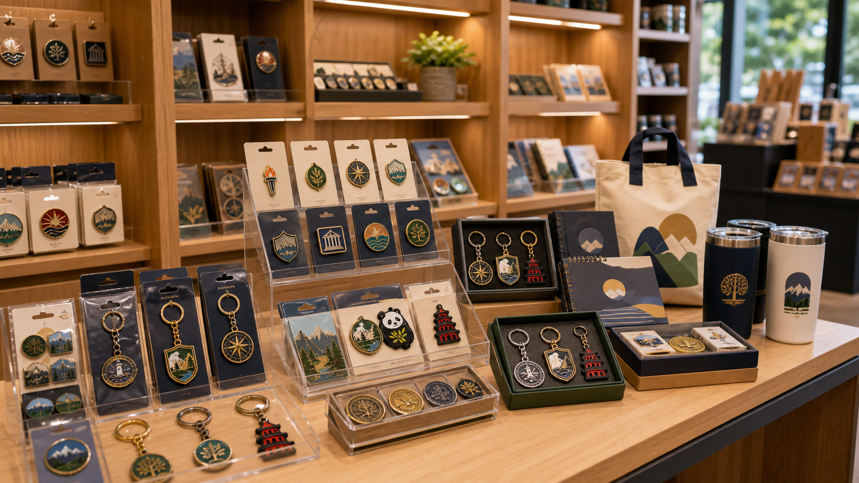 Retail gift shop display with packaged pins, magnets, keychains, coins, soft PVC items and small gift sets