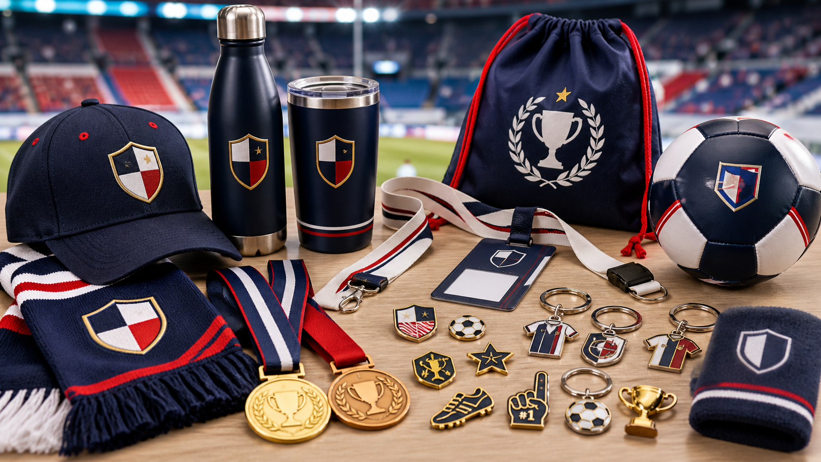 Sports team and event merchandise with medals, pins, keychains, apparel items and drinkware
